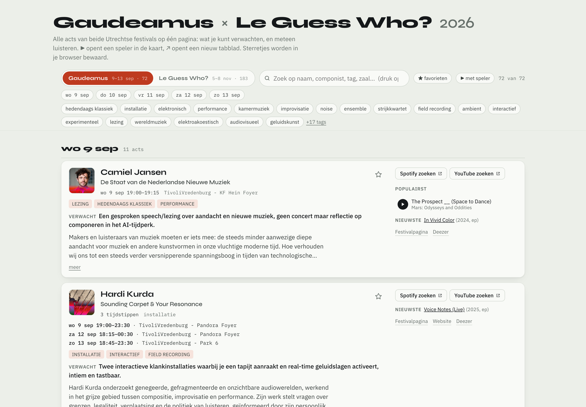 Festivalgids met acts van Gaudeamus en Le Guess Who? 2026, met filters en spelers.