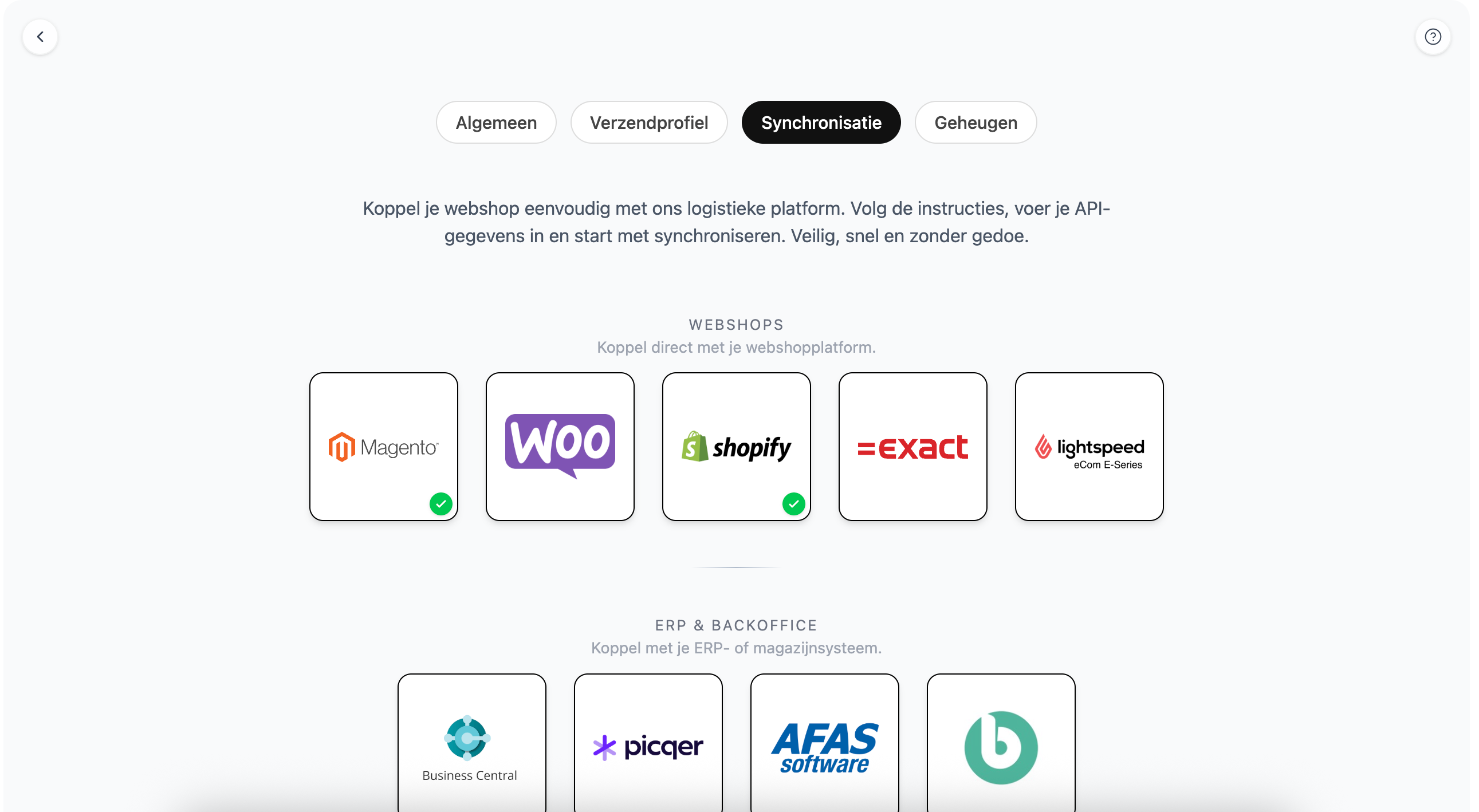 Integratiescherm van Inset met koppelingen voor webshops en ERP-systemen.