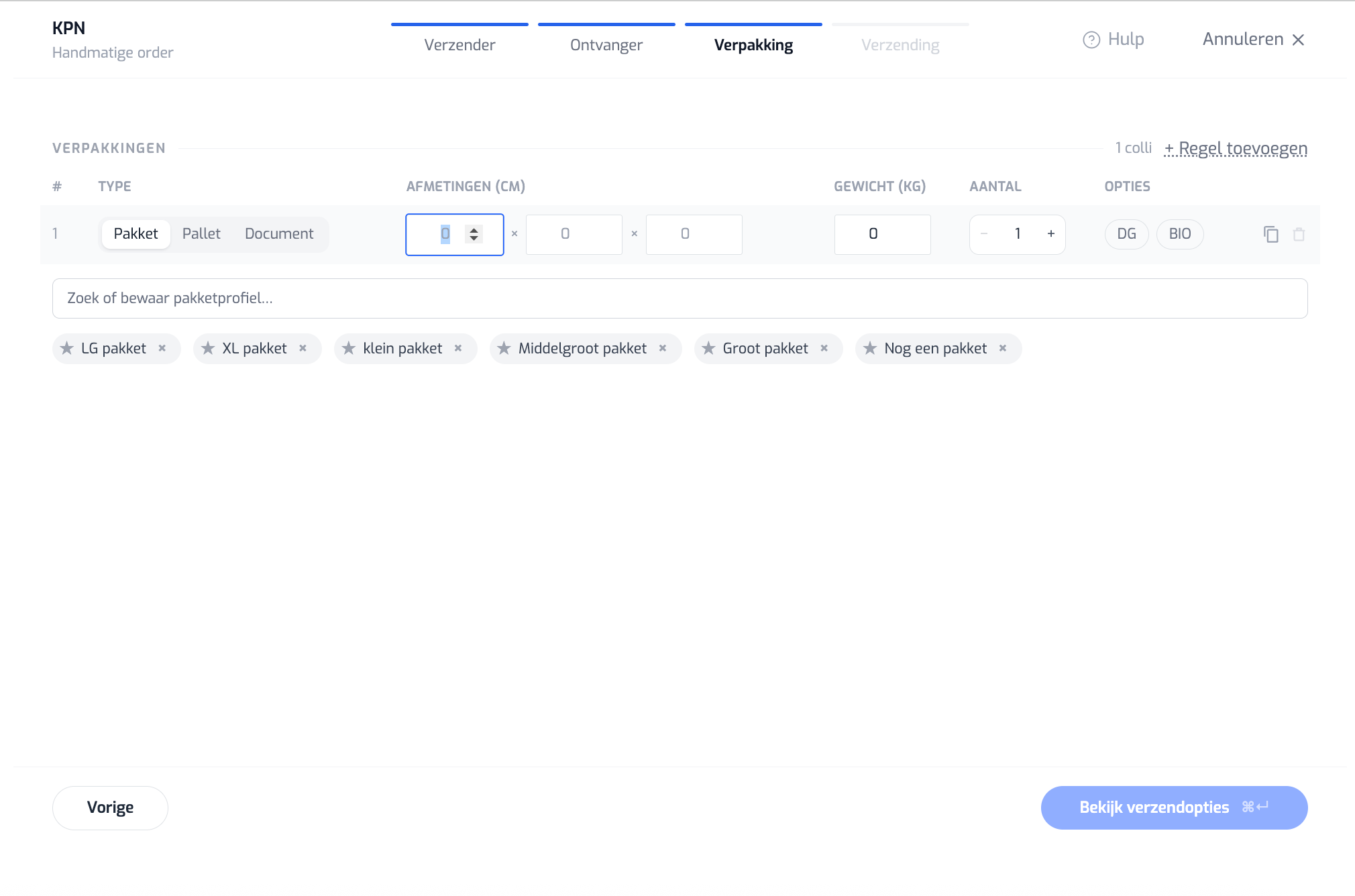 Verzendworkflow van Inset in vier stappen, bij de stap Verpakking met opgeslagen pakketprofielen.