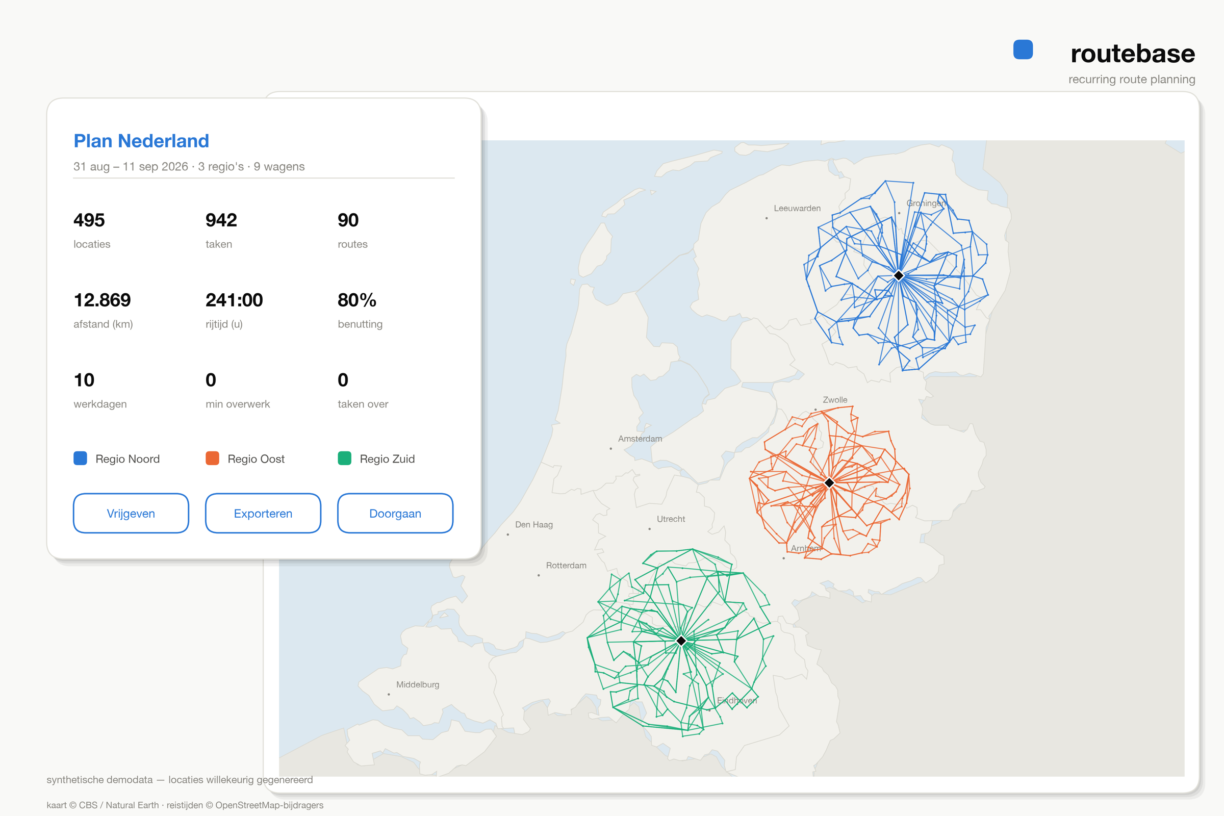 Planoverzicht van Routebase met routes per regio op een kaart van Nederland.